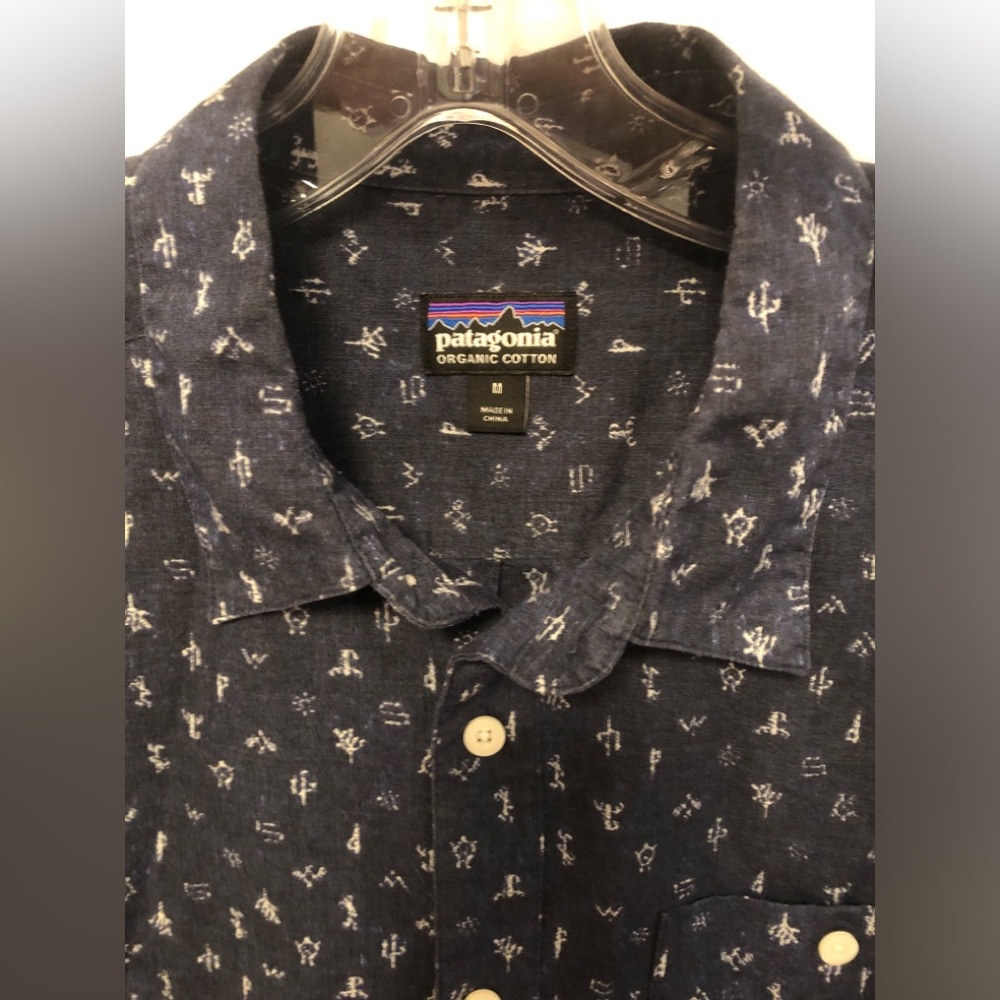 Patagonia Shirt Mens Medium Blue Nautical Short Sleeve Button Up Organic Cotton - Picture 6 of 10
